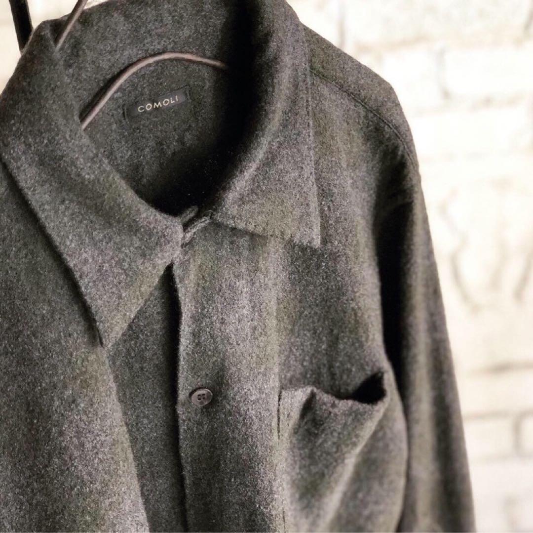 COMOLI ウールチェックオープンカラーシャツ