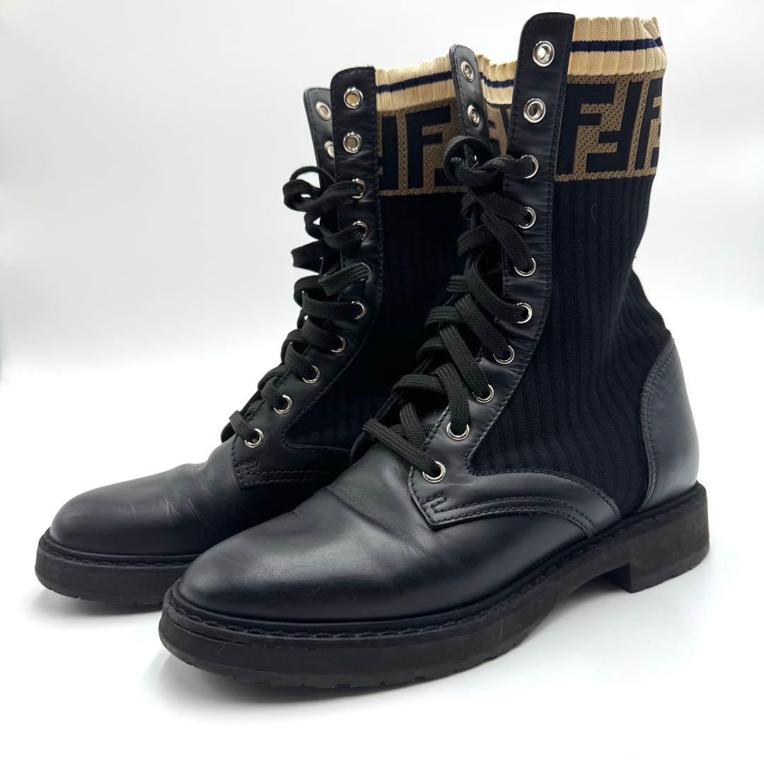 美品 FENDI ソックス ブーツ リブ ズッカ柄 FF Vibram 黒 37