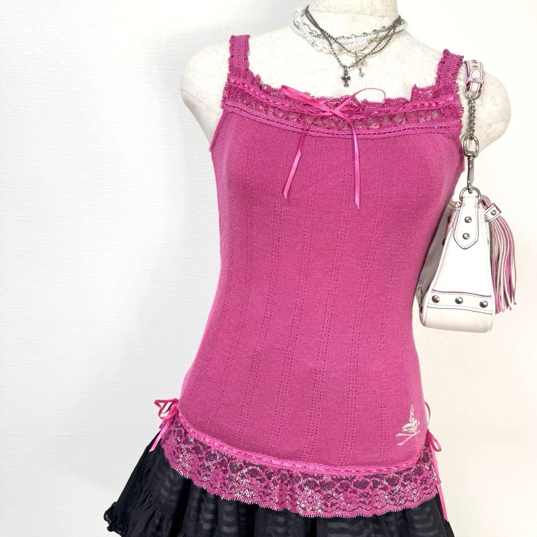 y2k❤️ 00s HYSTERIC GLAMOUR ロゴ刺繍 サテンリボンキャミ