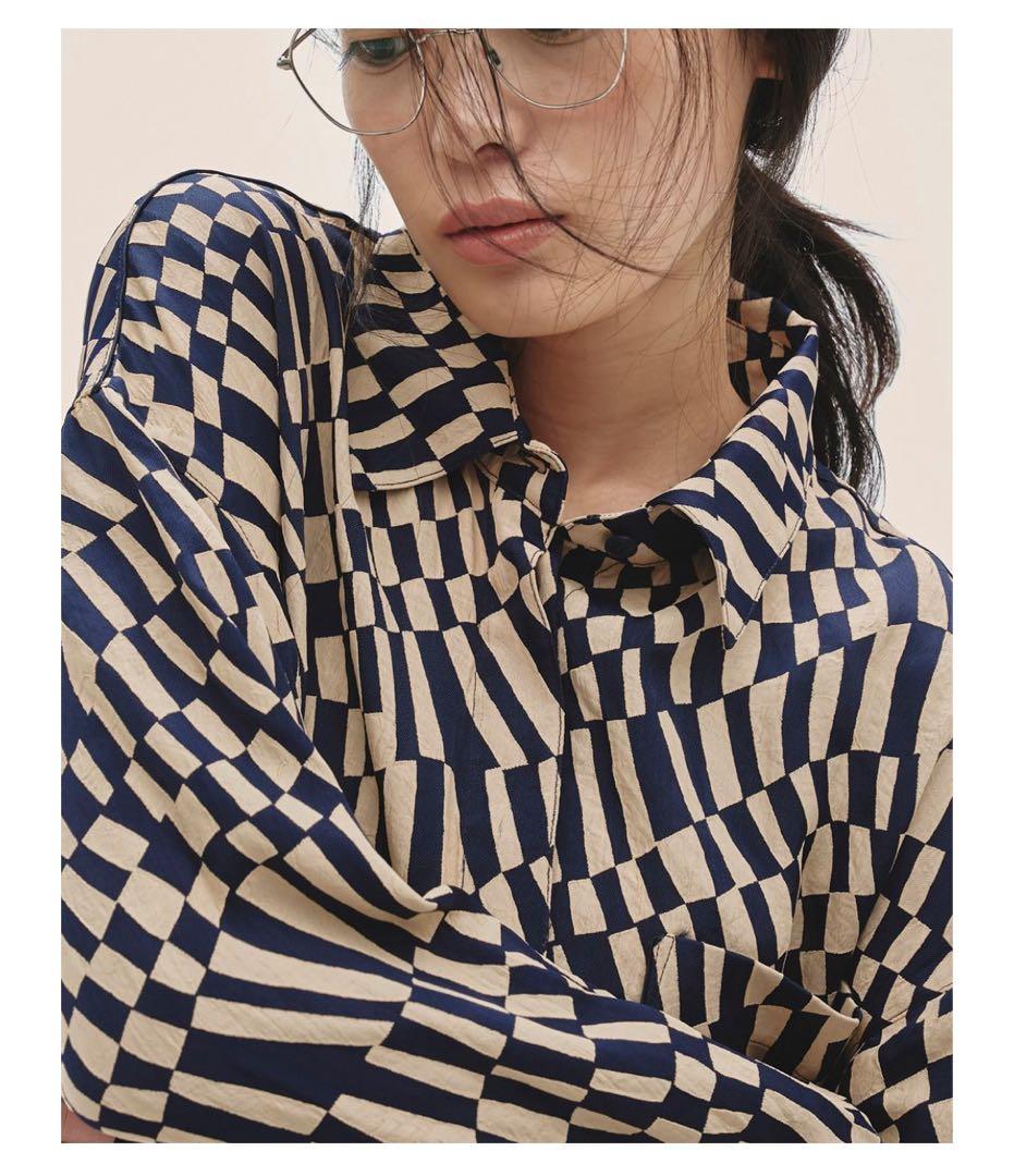 todayful ネイビー/ベージュ チェック柄 長袖シャツ