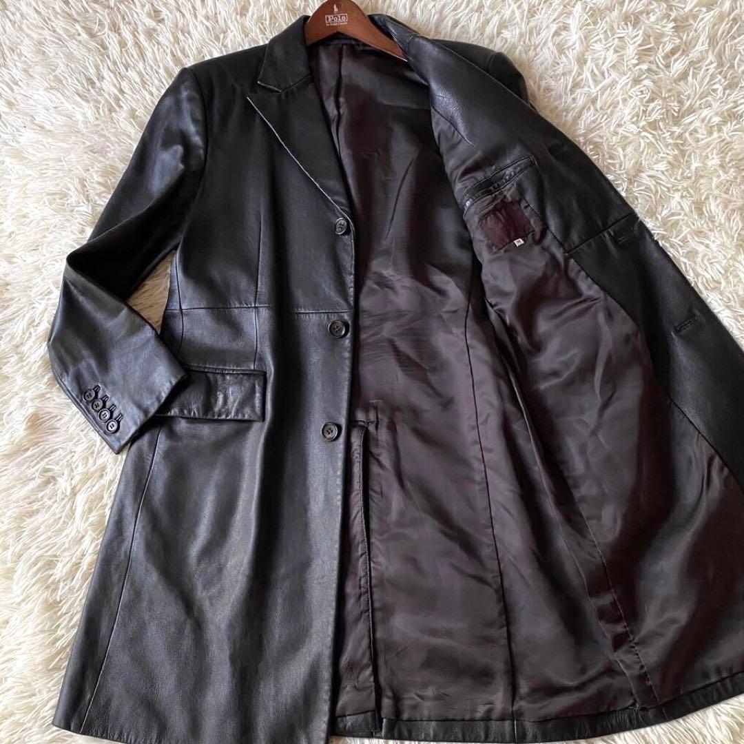 【美品✨】タケオキクチ 羊革 レザーチェスターコート ロング丈 黒 M