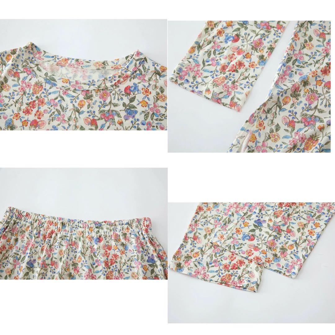 シルク100%絹 美肌保湿　丸首　長袖パジャマ　上下セット　F フルーツ花柄