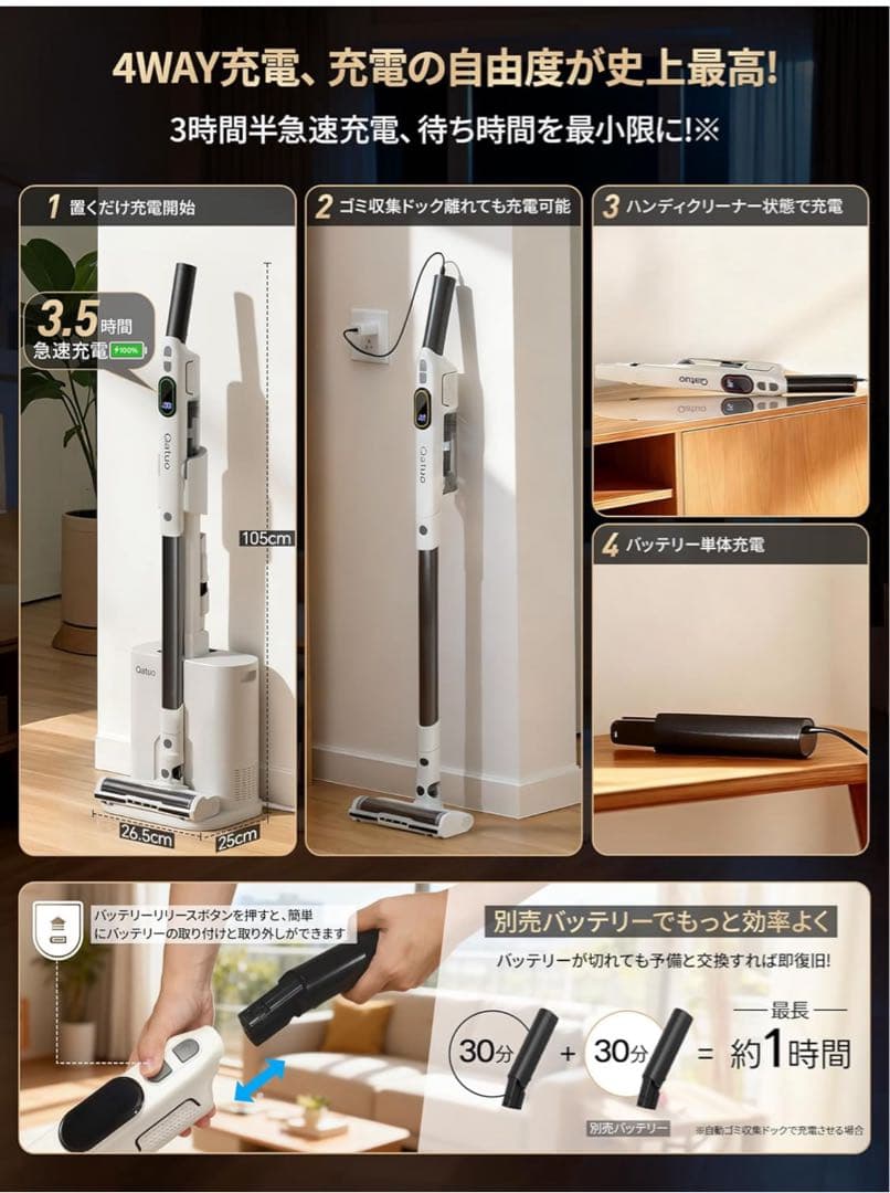【新品】Qatuo コードレス掃除機 自動ゴミ収集 2025年新作