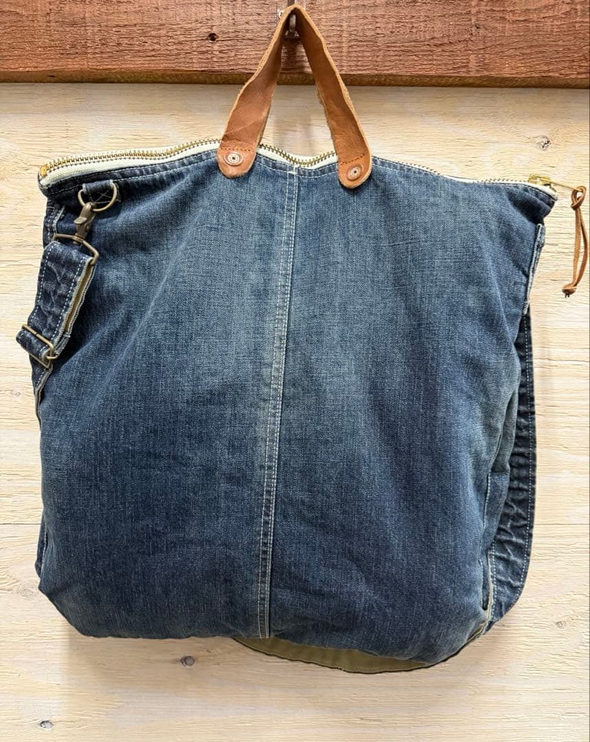 日本製　ヘルメットバッグ　岡山デニム ×本革栃木レザー2WAY ショルダー付き