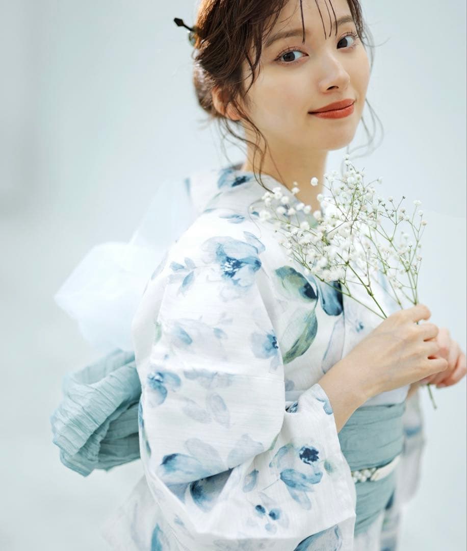 花柄浴衣 水色帯 下駄付き