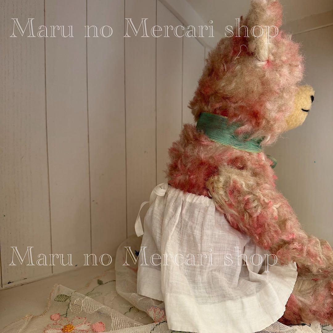 アンティーク　ドイツ　ピンクのベア　グリーンリボン　アンティークベア