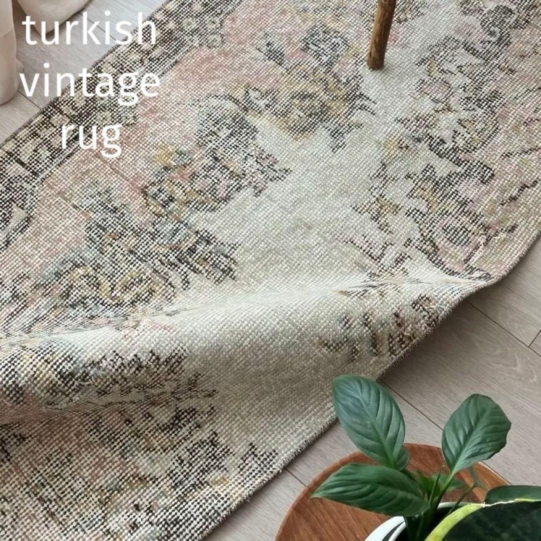 カフェオレ59×216ピンク　ブラウン　超ロングランナー　トルコヴィンテージラグ