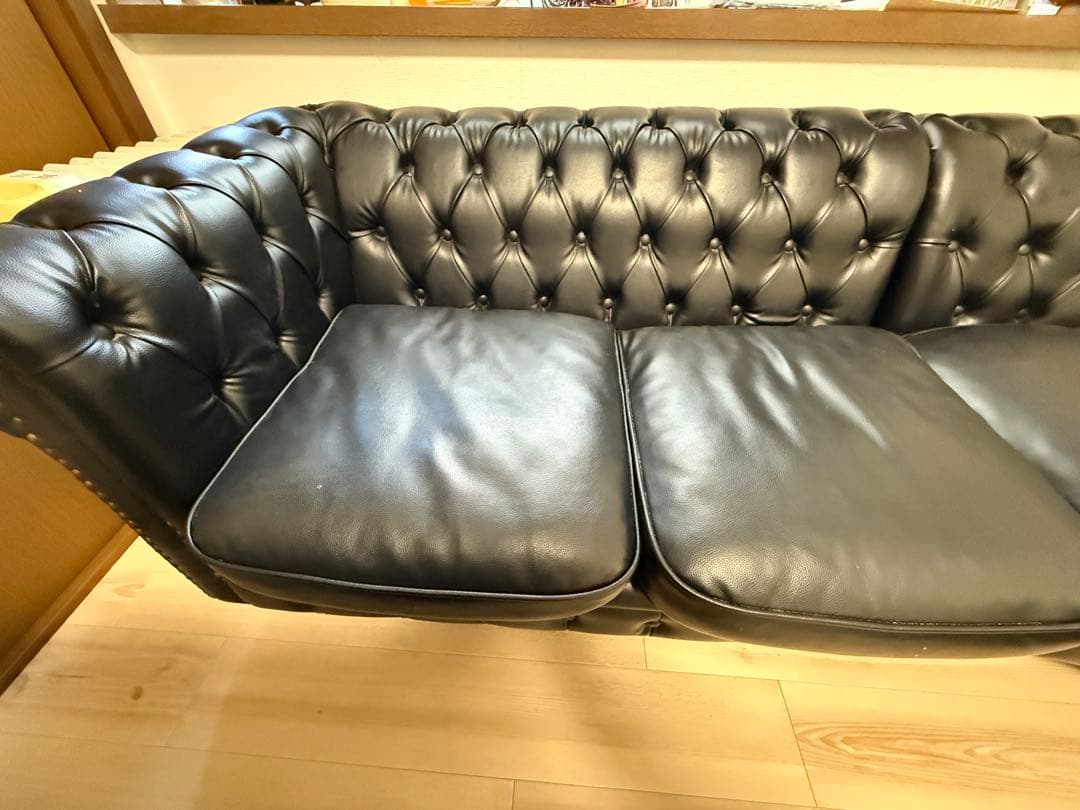 ブラック レザー チェスターフィールド コーナーソファ