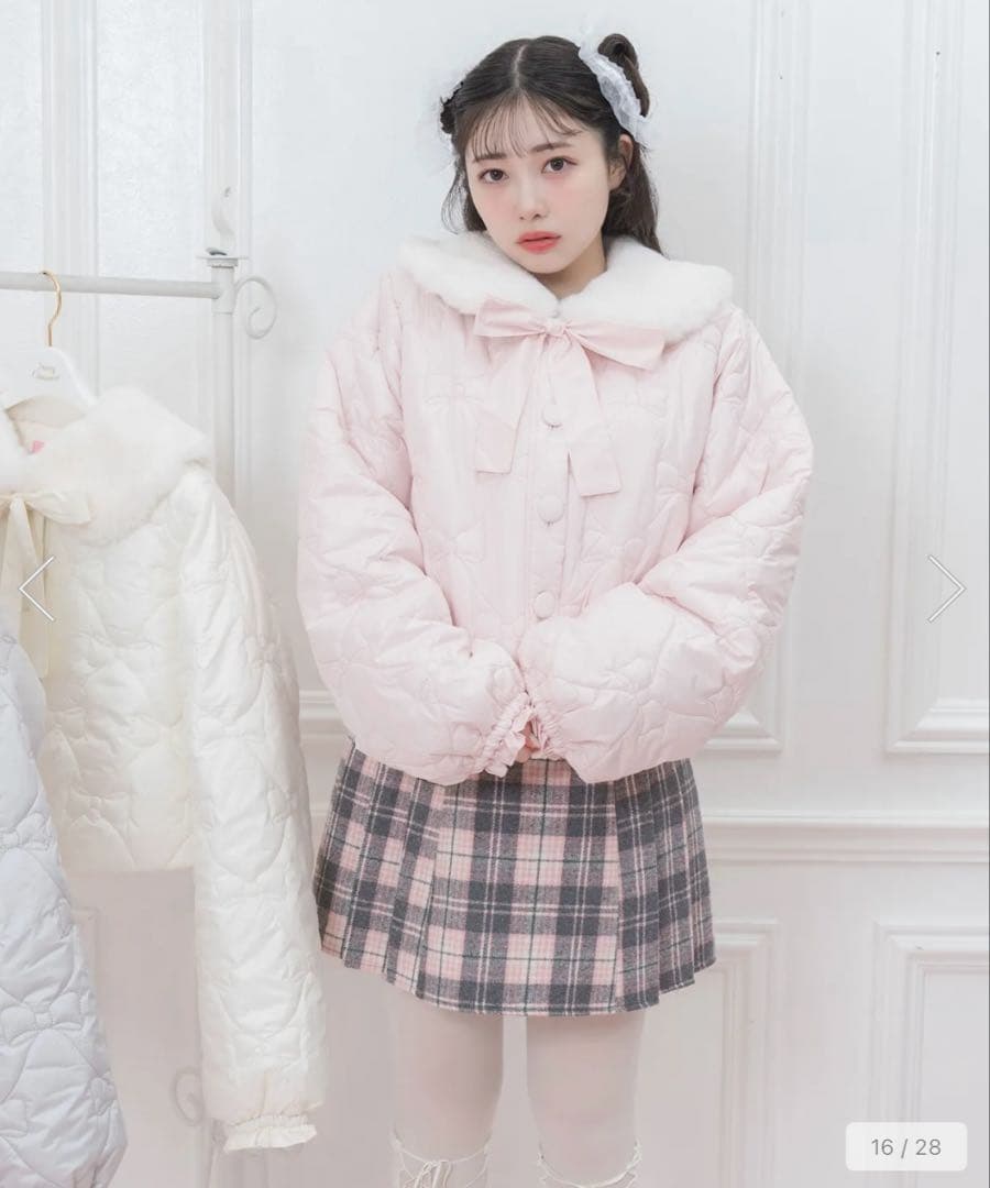 Honey Cinnamon リボンキルトティペット付き中綿ジャケット ピンク