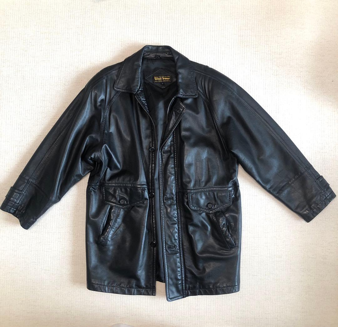 90s美品WIND ARMORラムレザーカーコート レザーコート羊革 本革 L黒