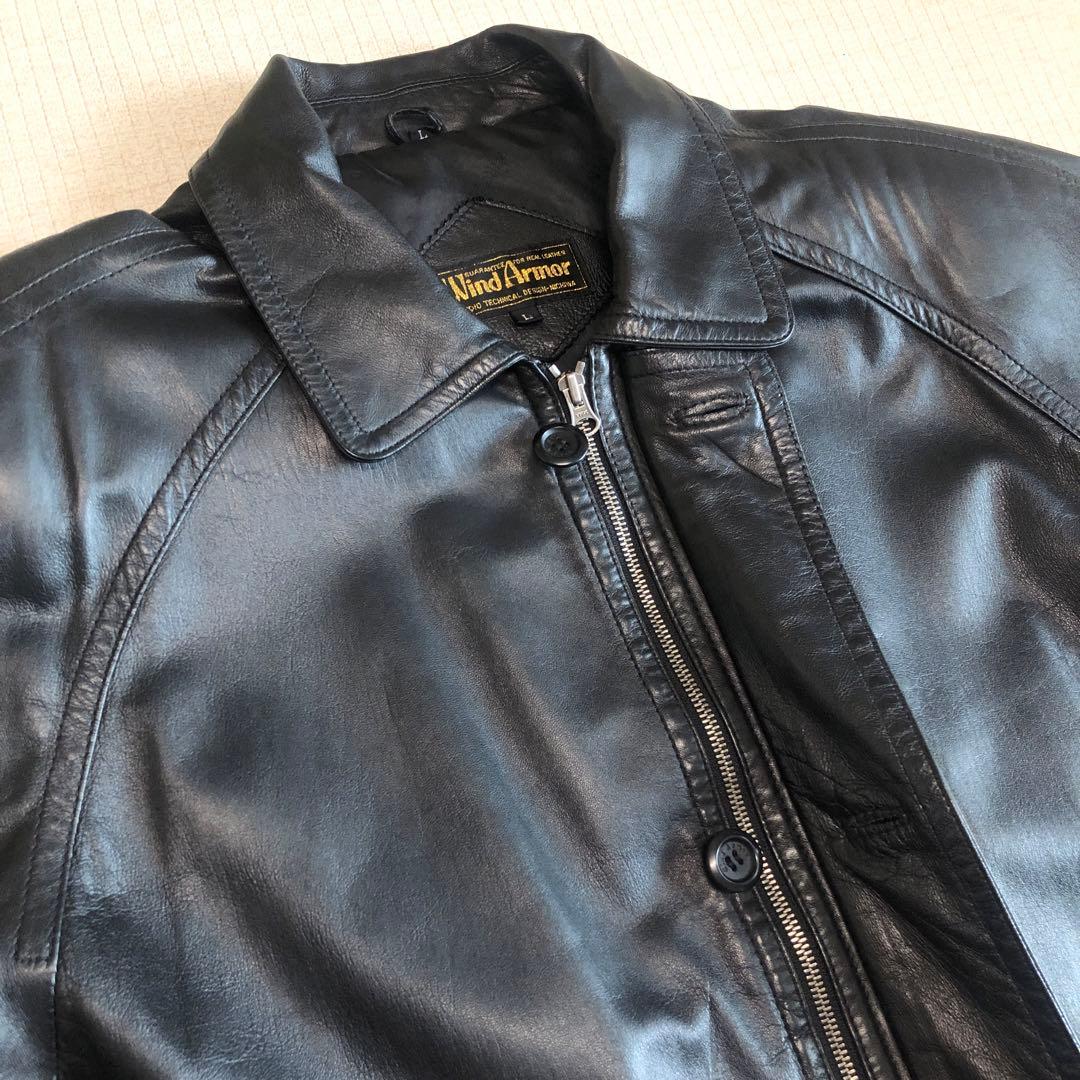 90s美品WIND ARMORラムレザーカーコート レザーコート羊革 本革 L黒