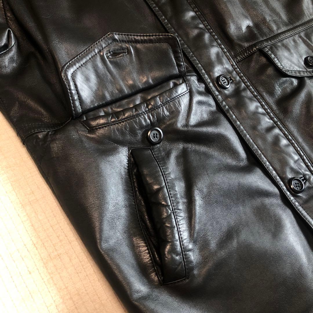 90s美品WIND ARMORラムレザーカーコート レザーコート羊革 本革 L黒