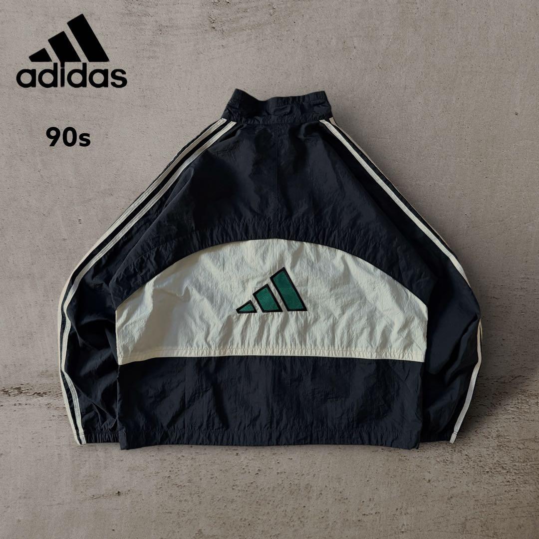 美品アディダス90sナイロンジャケットパフォーマンスロゴ刺繍ドローコード短丈古着