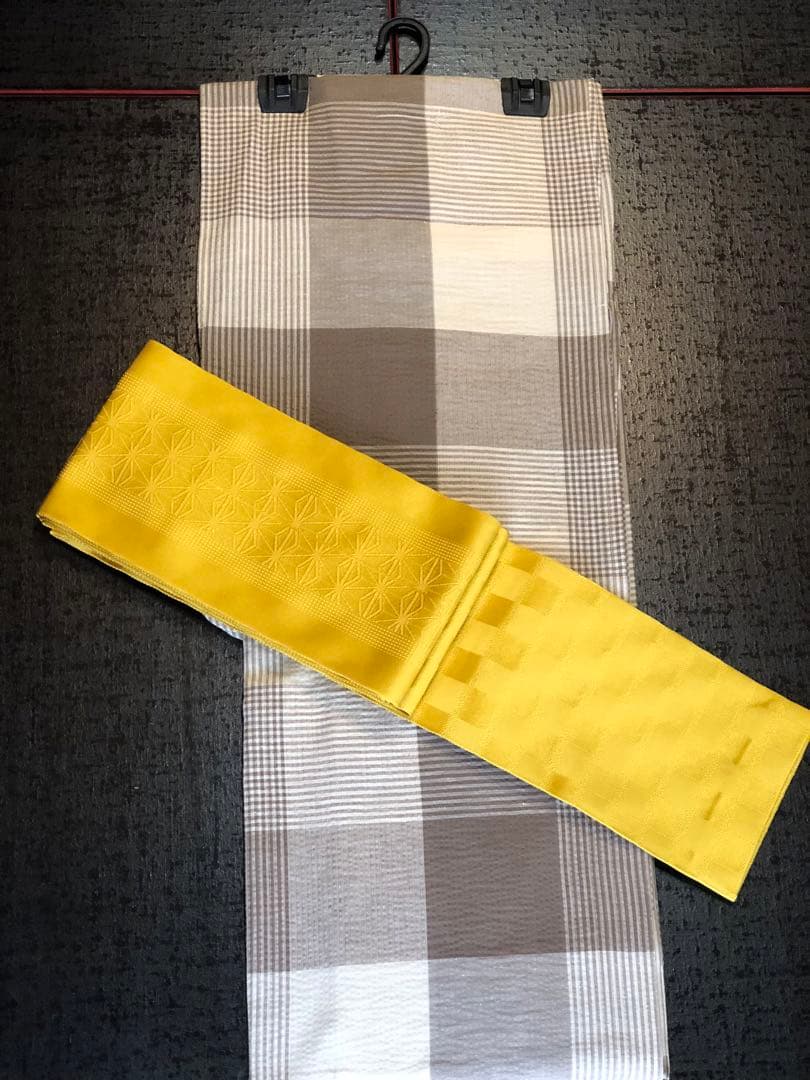 R7・ゆかたと帯　お仕立上り　市松格　子　着物…綿・麻　 帯…プレゼントします