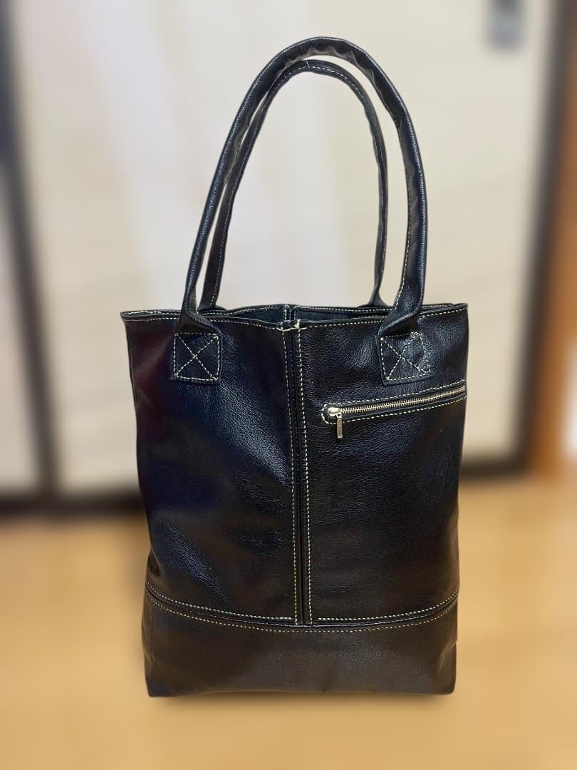 ブラックレザートートバッグ　手縫い頑丈　大型　黒