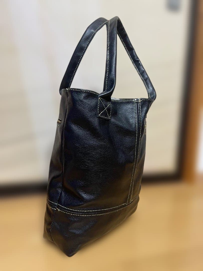 ブラックレザートートバッグ　手縫い頑丈　大型　黒