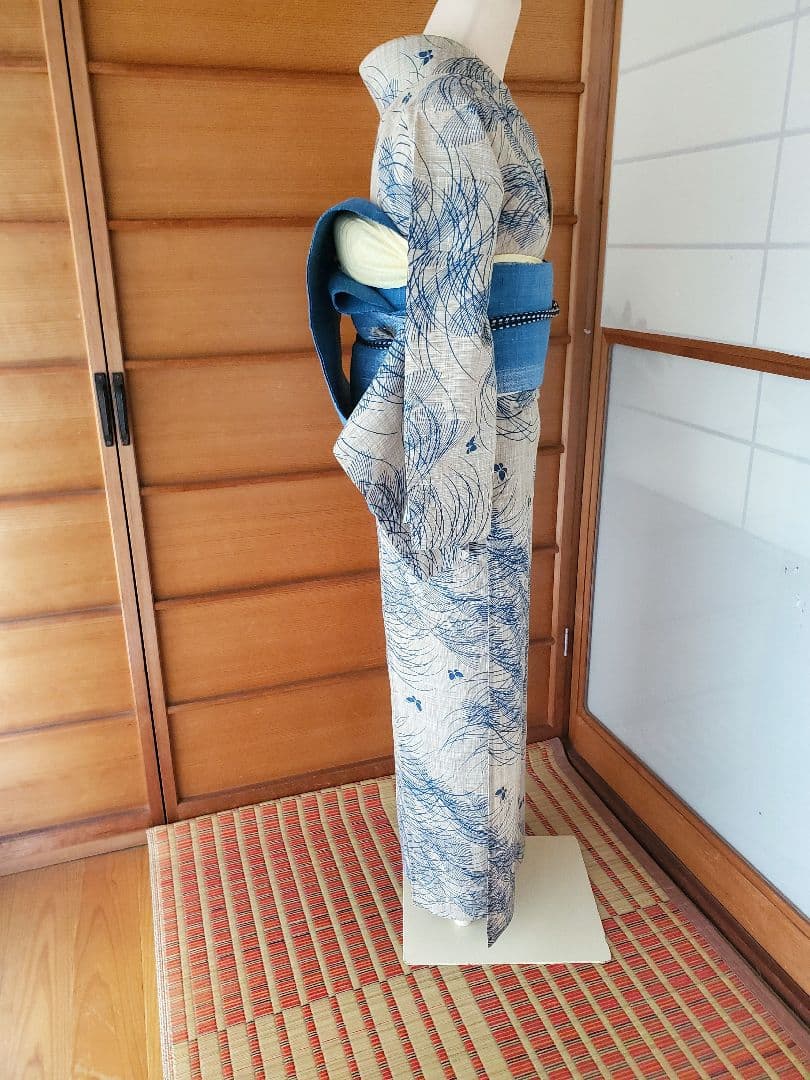 【麗しのふだんキモノ＊】奥州小紋風の浴衣　ベージュ×青　スモールサイズ　綿