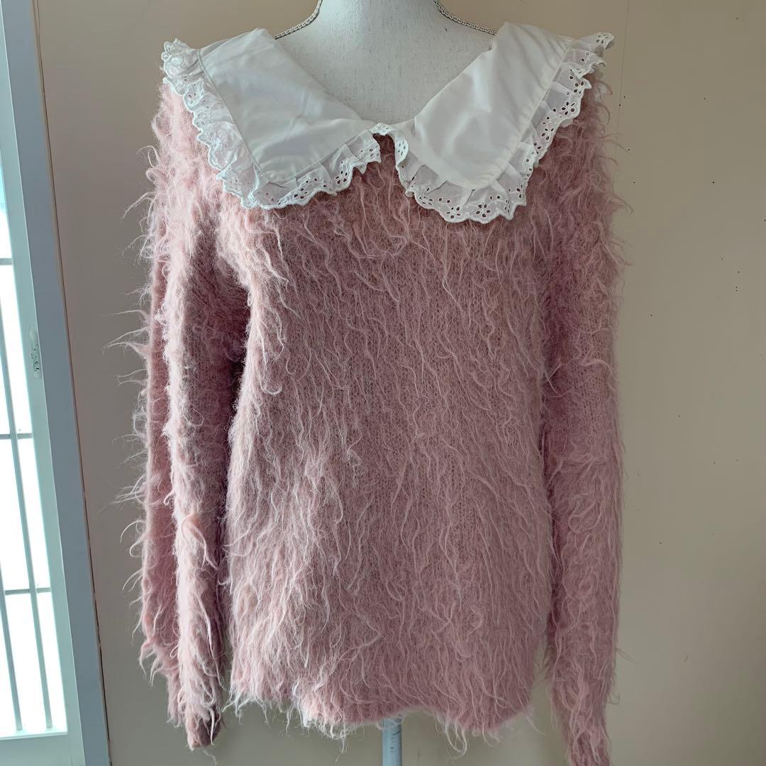 Chico namiコラボ企画 セーラー襟付きシャギールーズニット ピンク