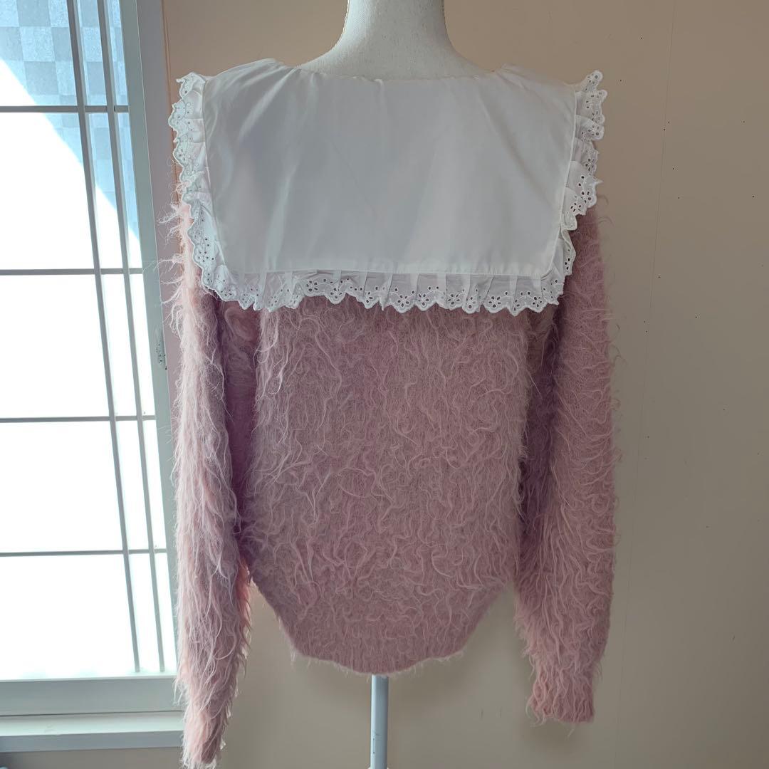 Chico namiコラボ企画 セーラー襟付きシャギールーズニット ピンク