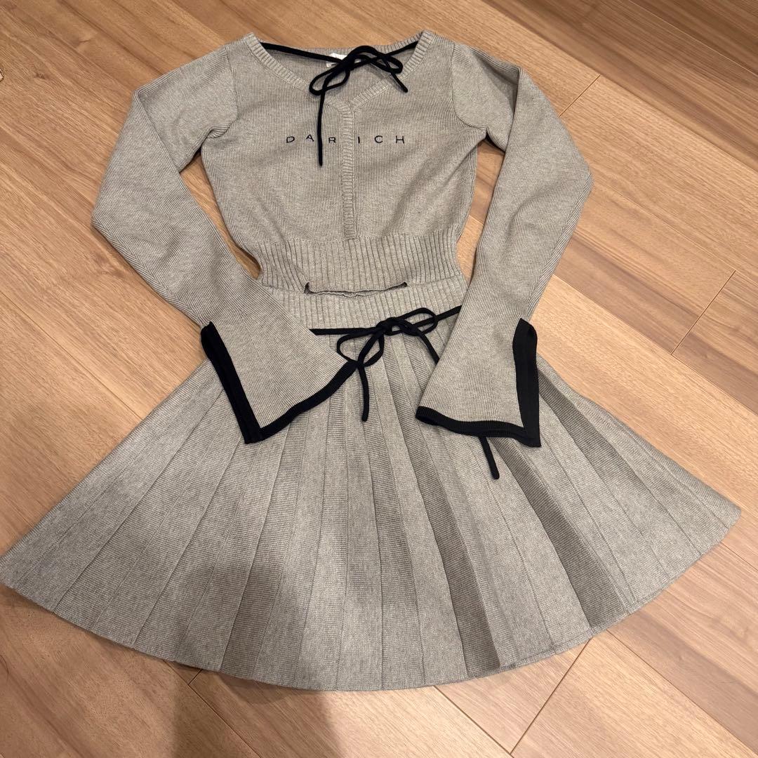 Darich ウエストオープンリボンデザインニットミニワンピース グレー