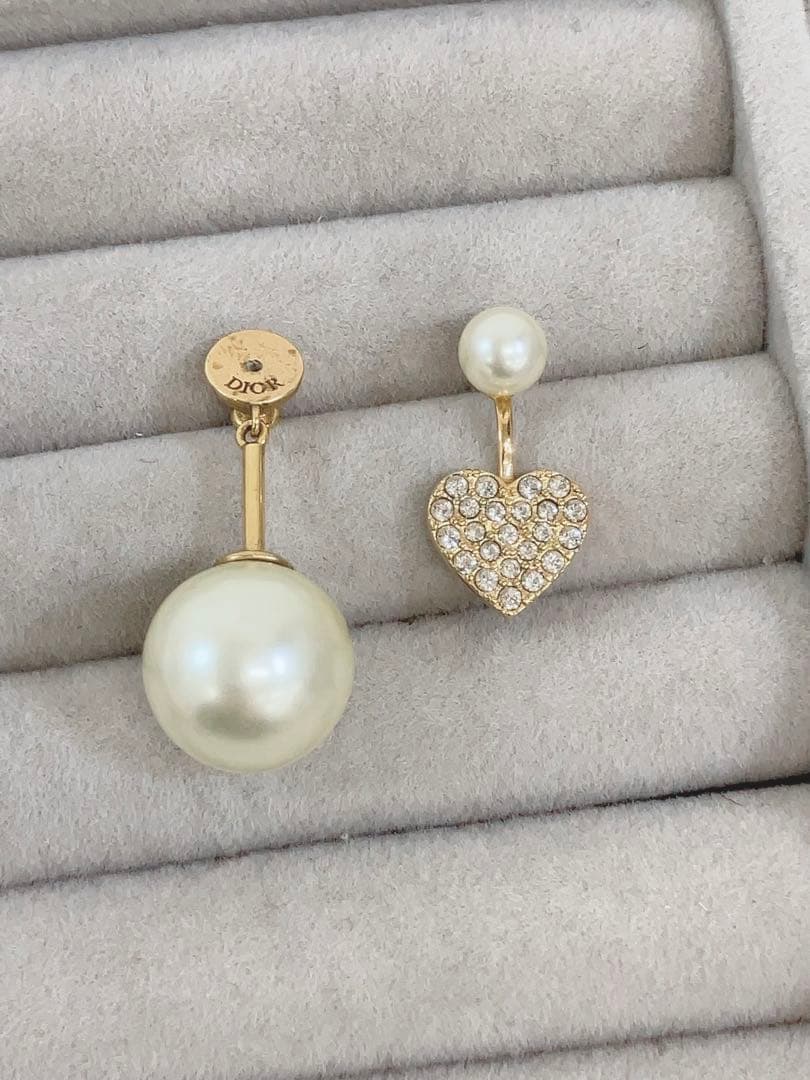 ★ディオール トライバル ピアス 片耳 ハート ラインストーン×フェイクパール