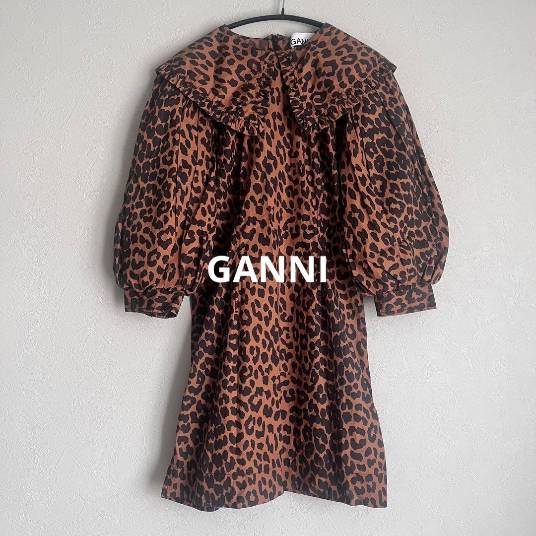 美品】GANNI レオパード柄 フリル襟　ミニ丈ワンピース　総柄　派手　個性的