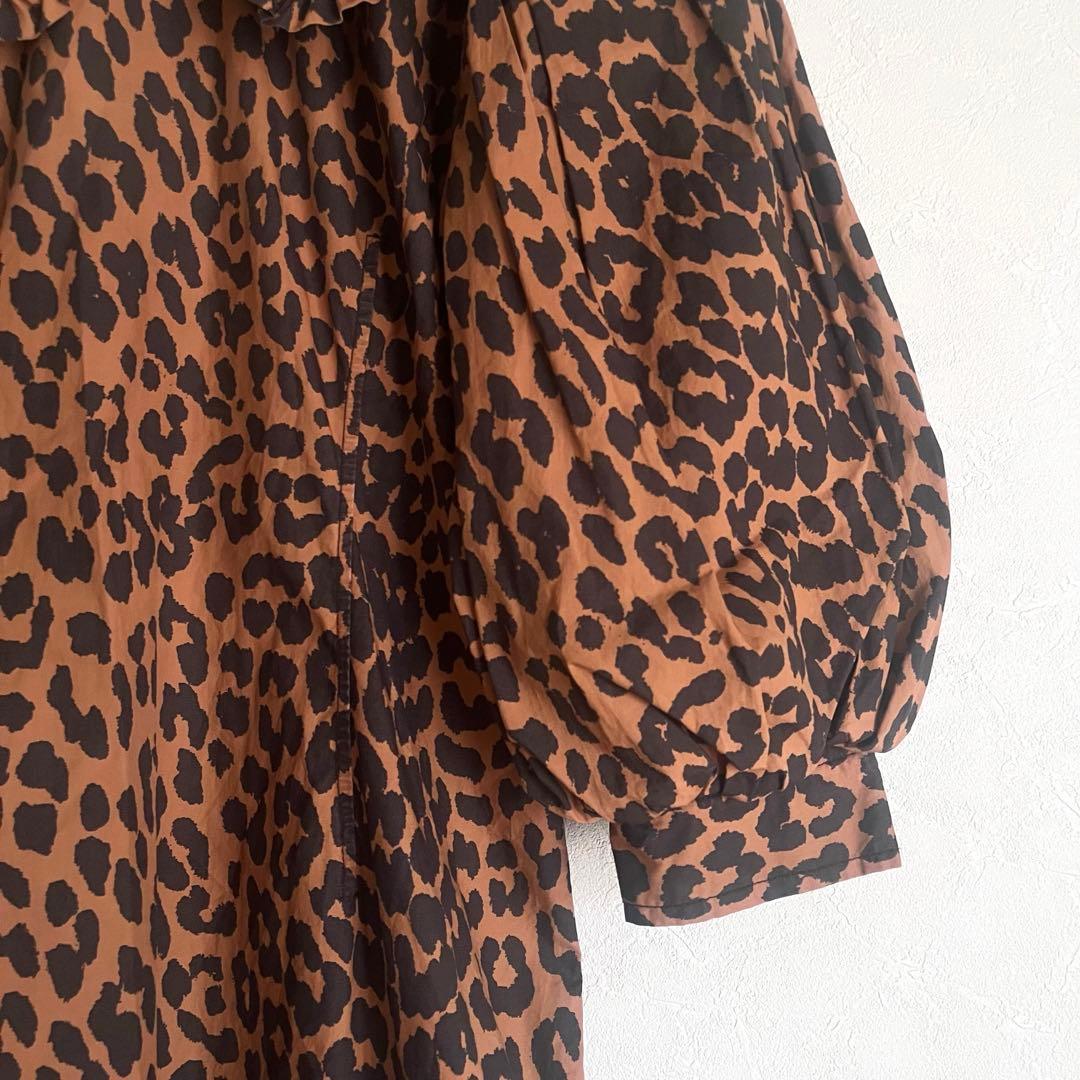 美品】GANNI レオパード柄 フリル襟　ミニ丈ワンピース　総柄　派手　個性的