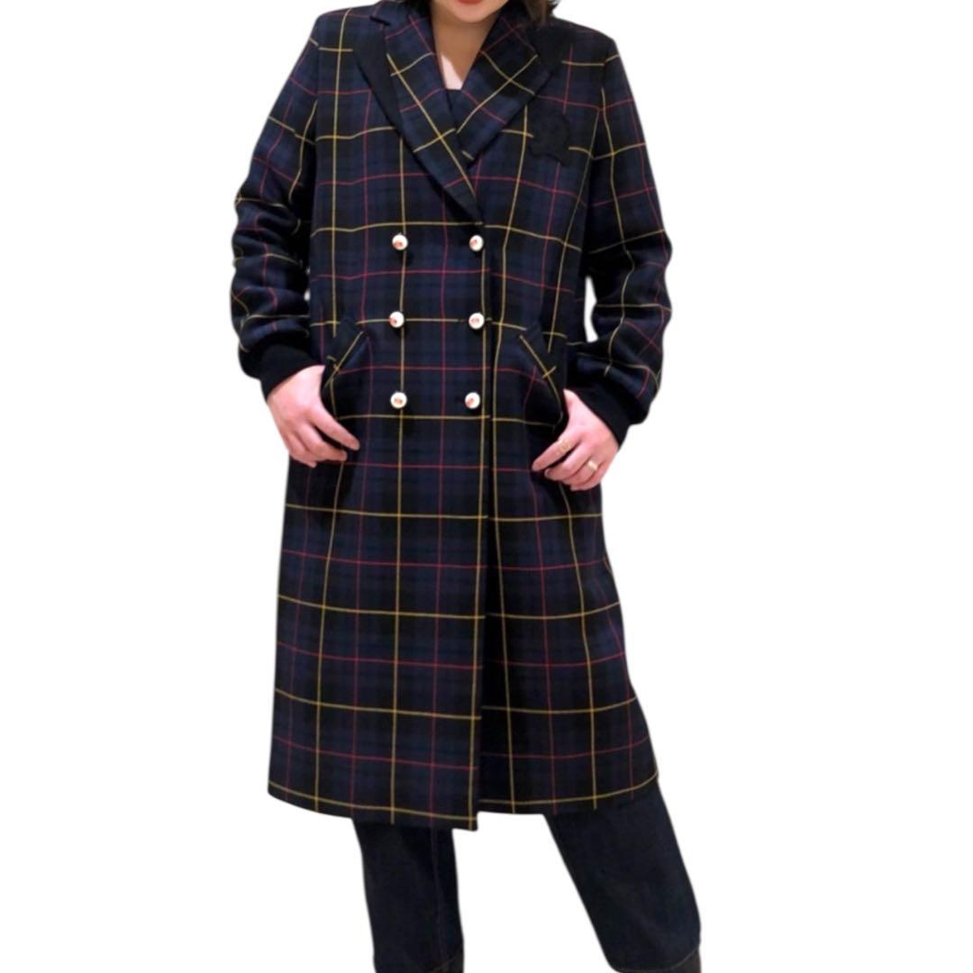 【メゾンレネール】美品チェック ダブル チェスター ロング エンブレム ネイビー