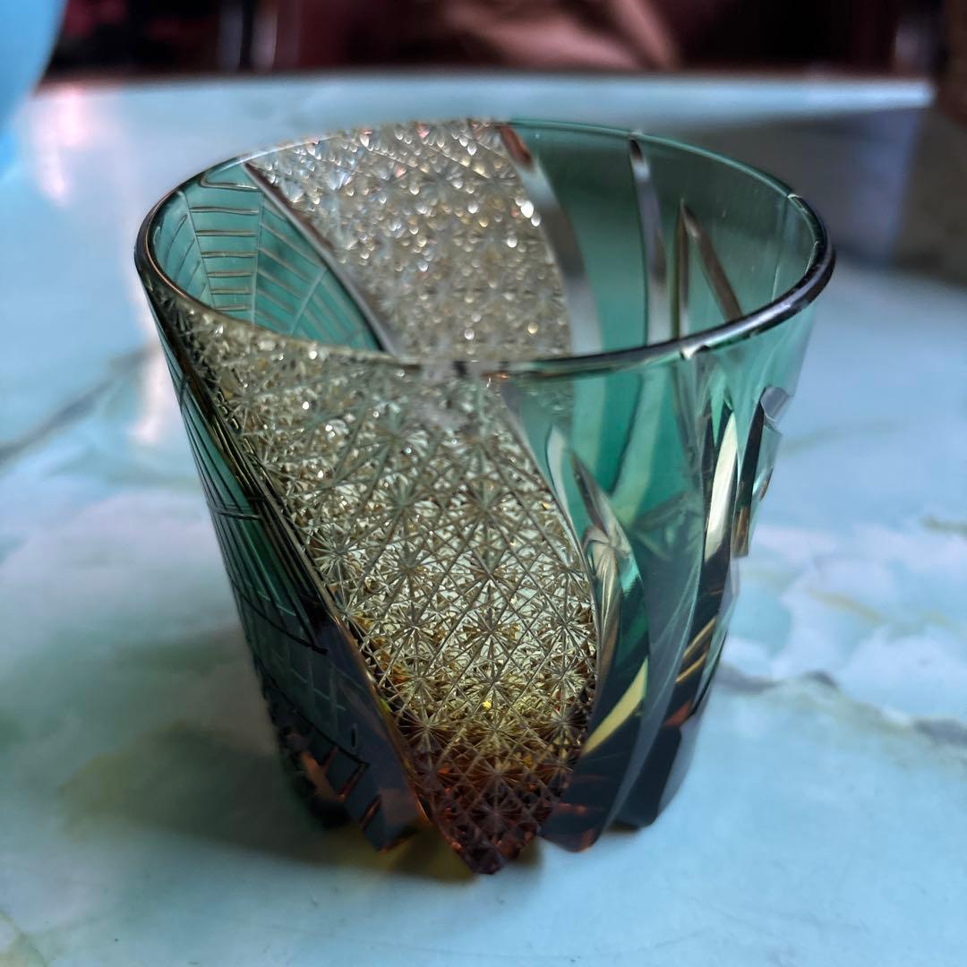 クリスタル江戸切子 流星 オールドグラス (琥珀緑)