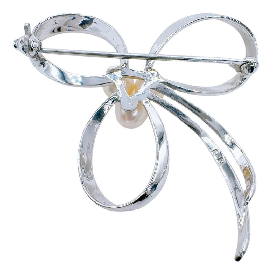 【美品】ミキモト ブローチ アコヤ パール 真珠 シルバー リボン フォーマル
