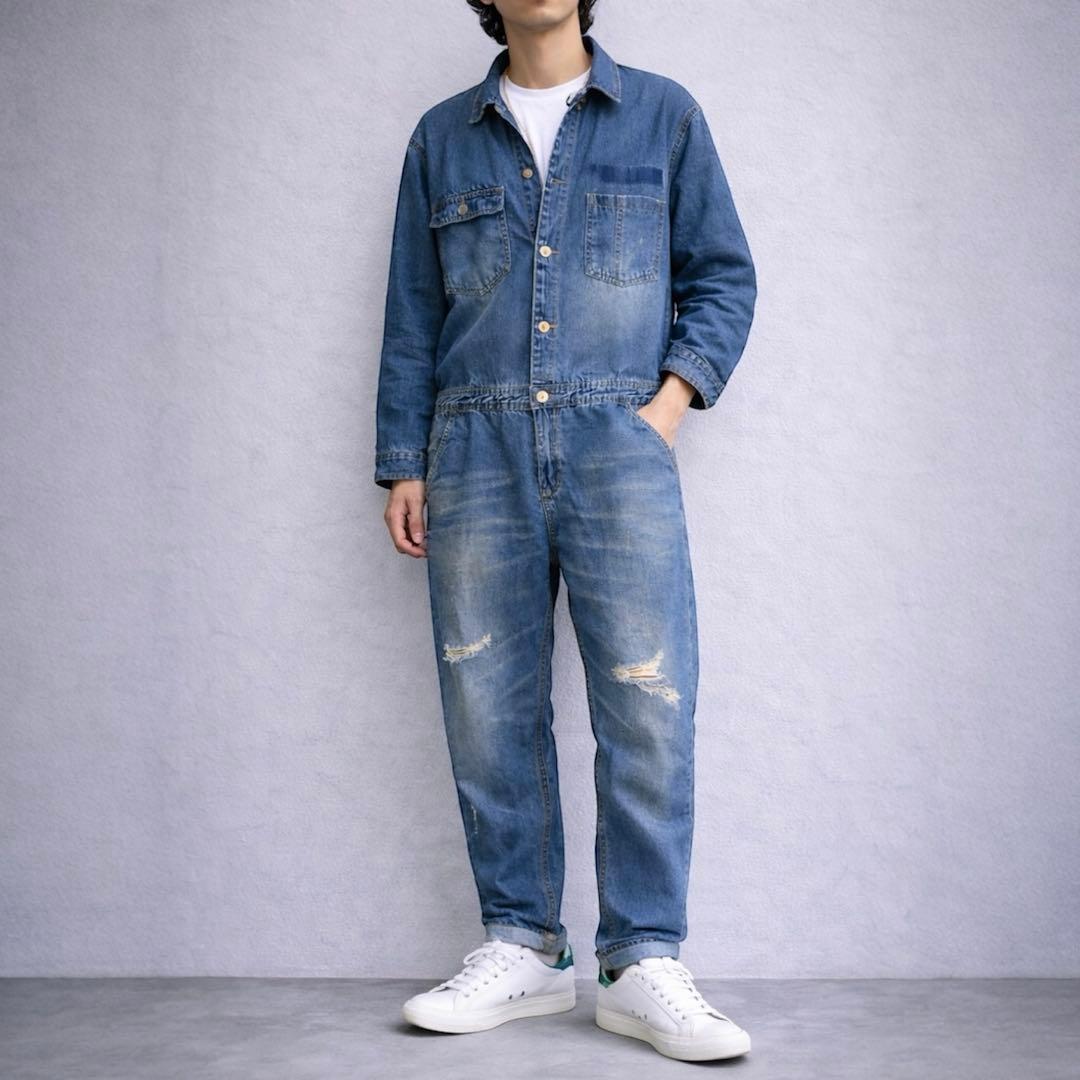 JEAN SEN［L］大人カジュアル◎こなれ感◎ダメージ加工デニムオーバーオール