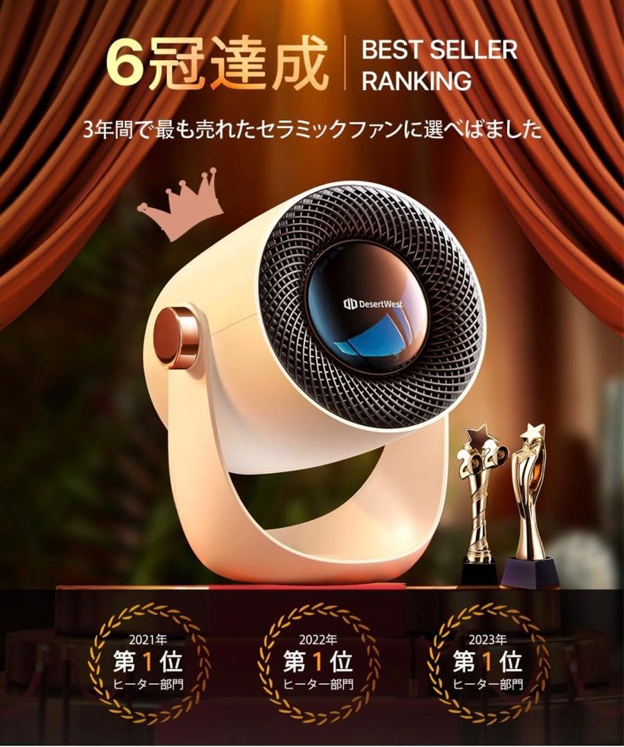 DesertWest セラミックヒーター 超小型 電気ファンヒーター 速暖 足元