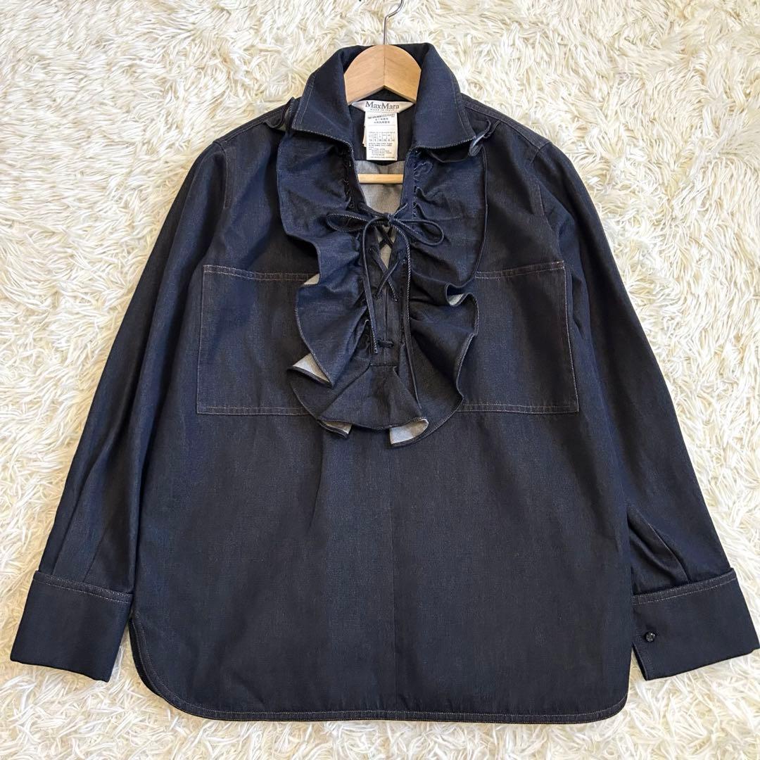 極美品✨マックスマーラ 白タグ コットン デニムシャツ イタリア製 ロゴカフス