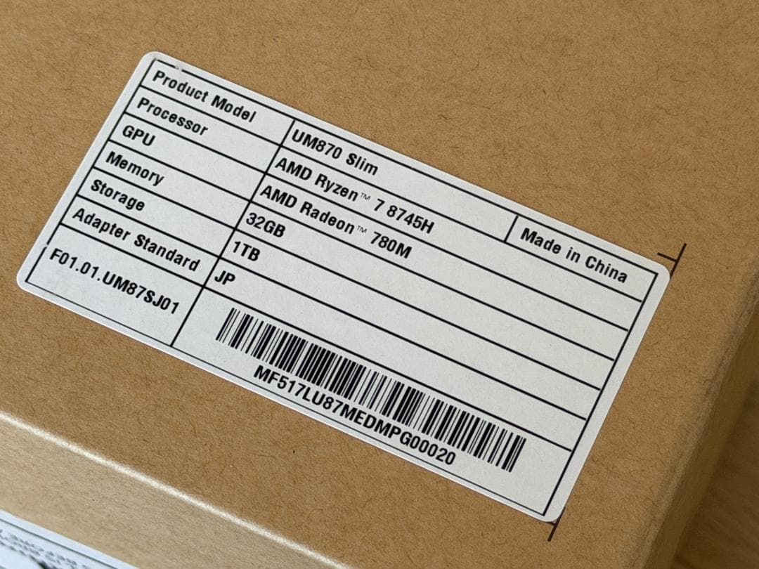 ミニPC Minisforum UM870 Slim 32GB RAM+1TB SSD