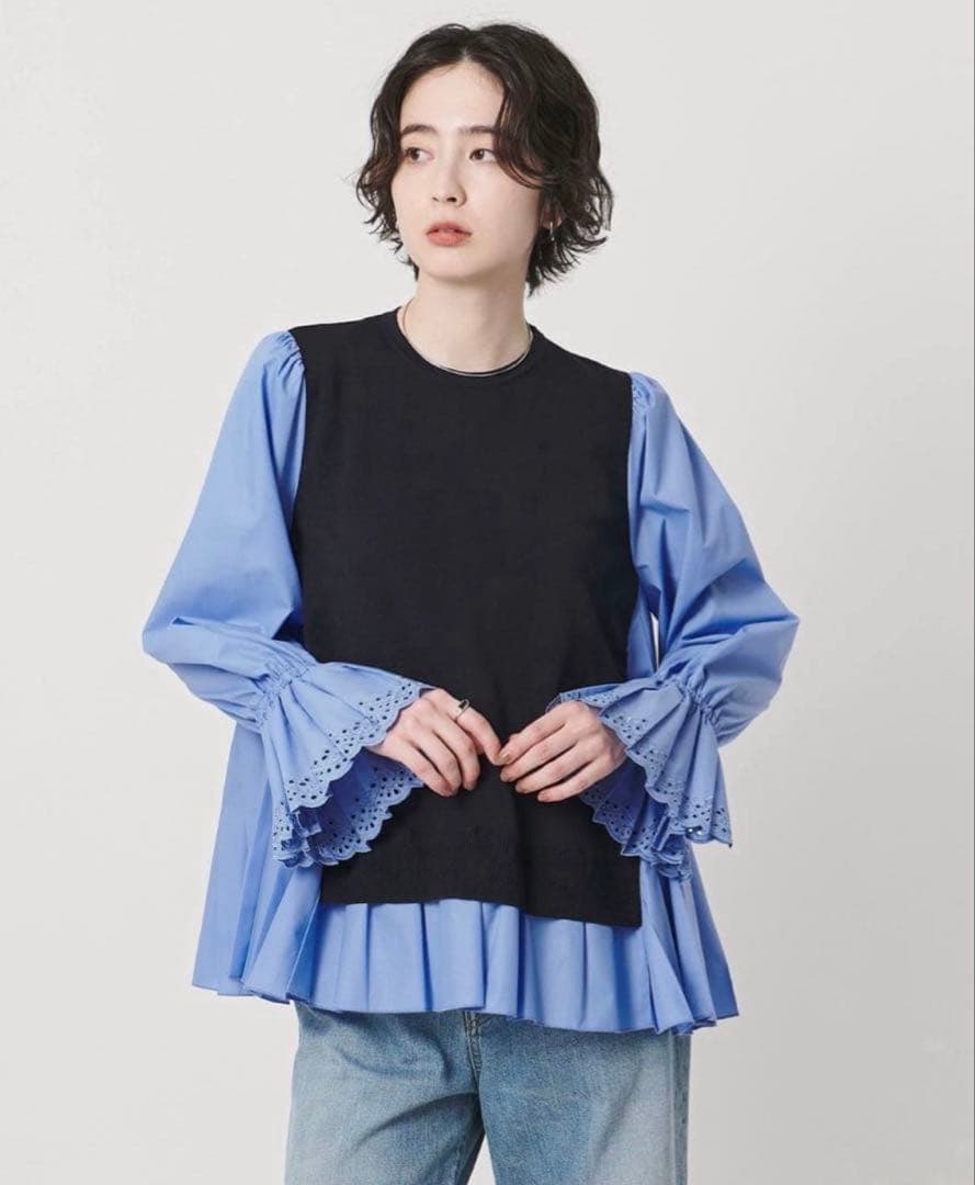 UNITED ARROWS プリーツ コンビ ニット ブラウス ウォッシャブル