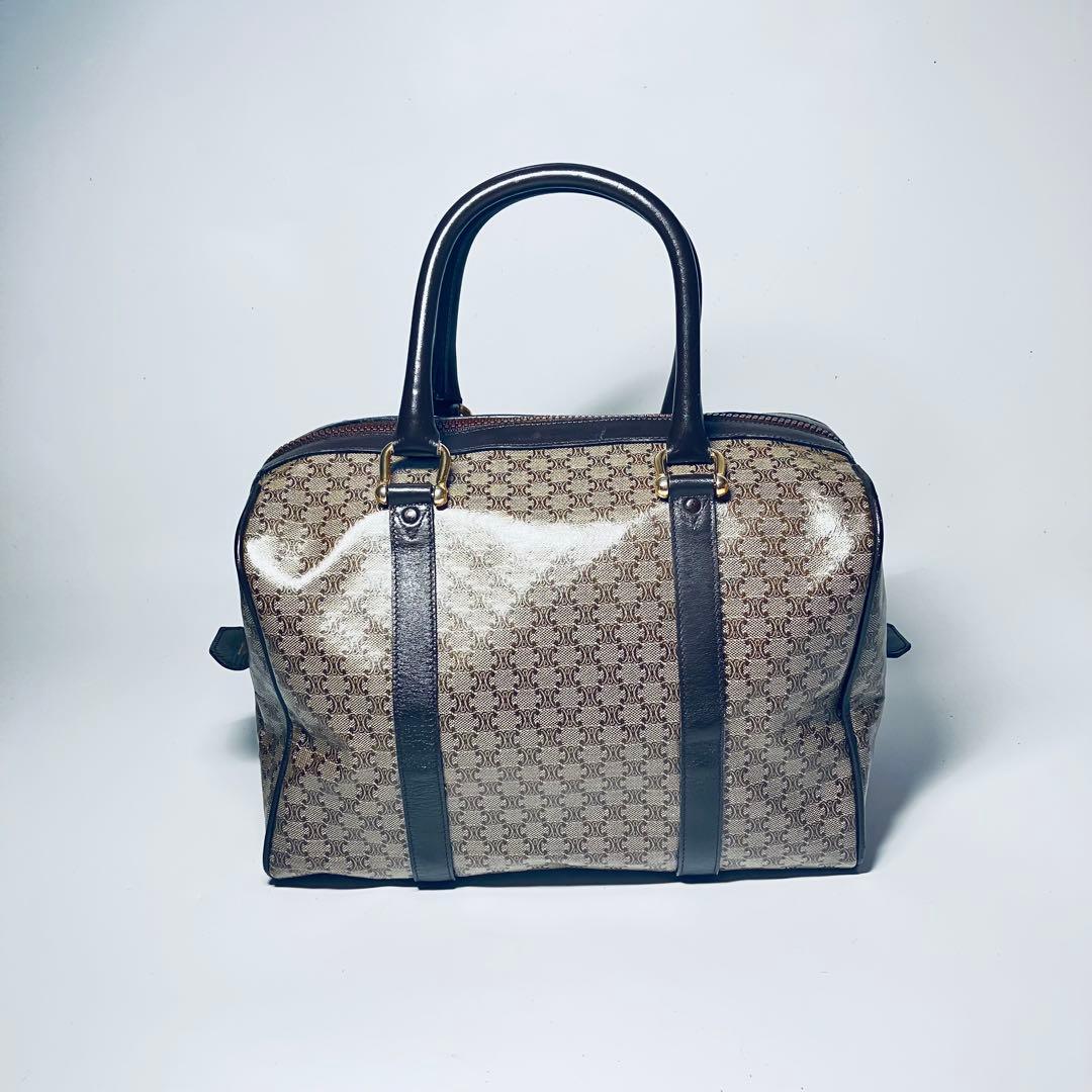 美品 CELINE PVC レザー ボストンバッグ マカダム トリオンフ 茶