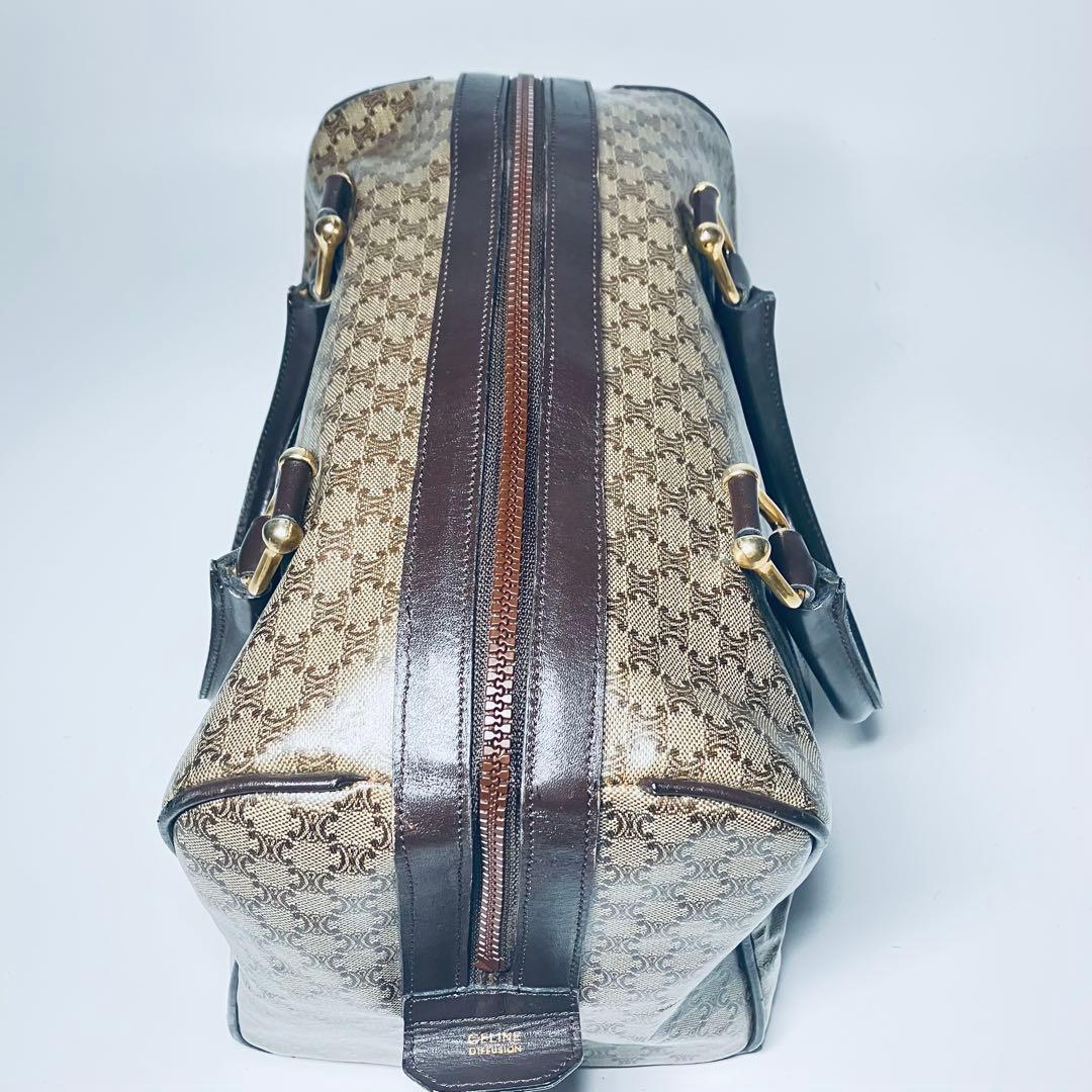 美品 CELINE PVC レザー ボストンバッグ マカダム トリオンフ 茶
