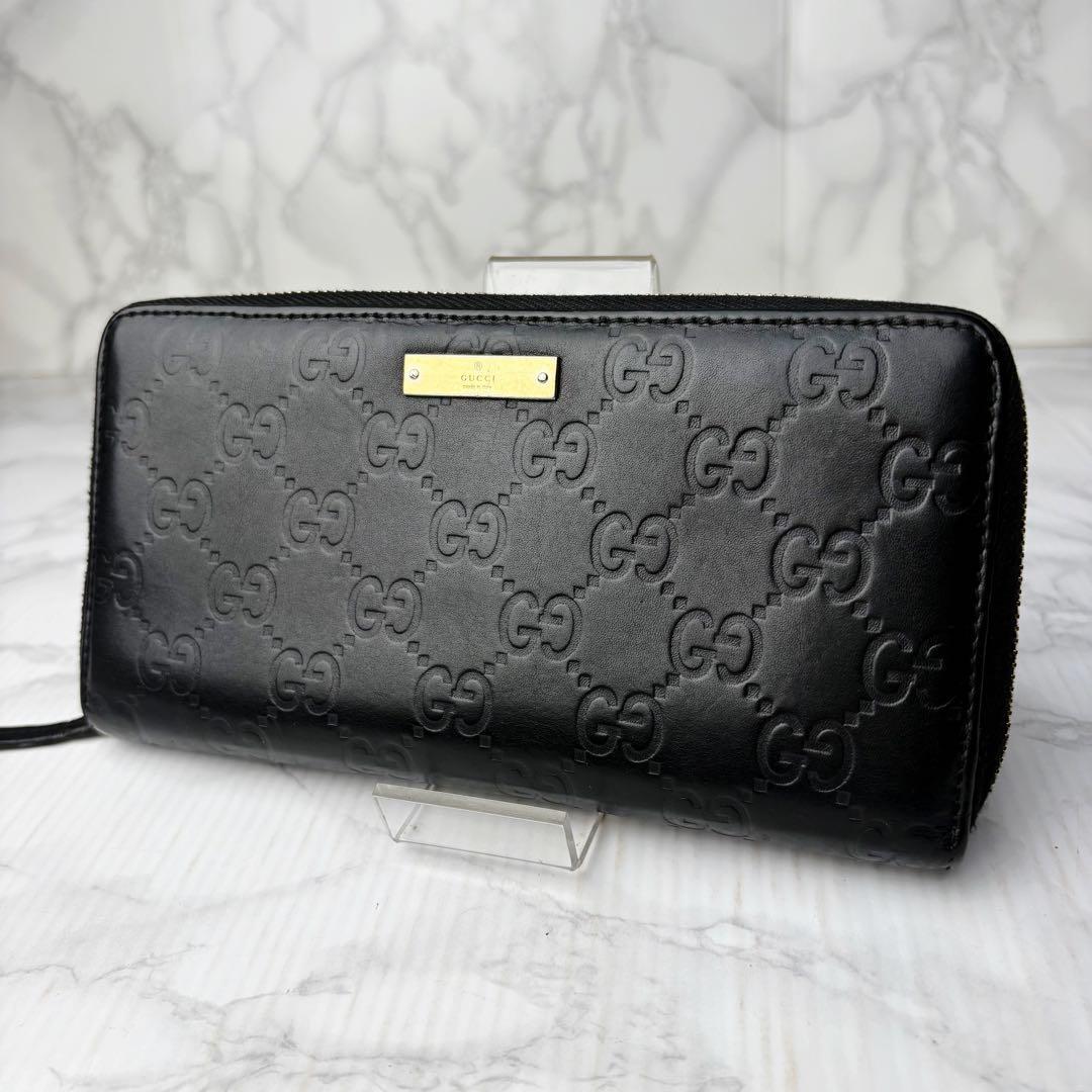 58 美品 GUCCI シマ 長財布 ラウンドファスナー GG柄 黒 fm5