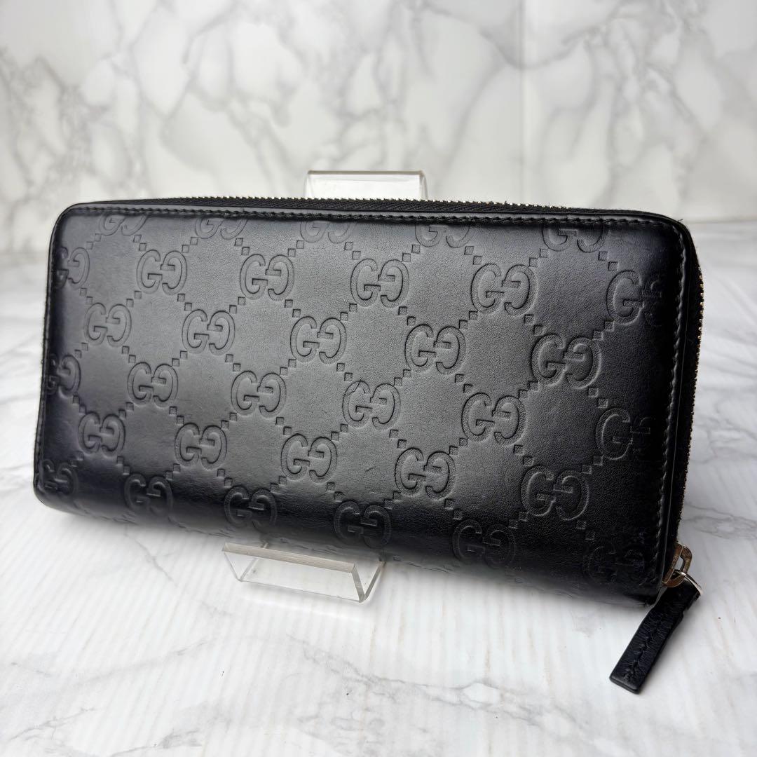 58 美品 GUCCI シマ 長財布 ラウンドファスナー GG柄 黒 fm5