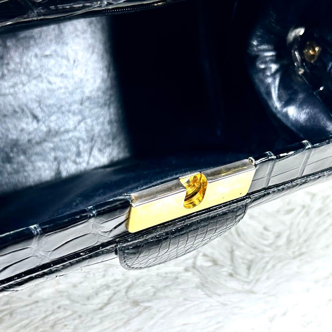 希少✨ シャイニングクロコダイル ダレスバッグ 黒 ゴールド金具 フォーマル