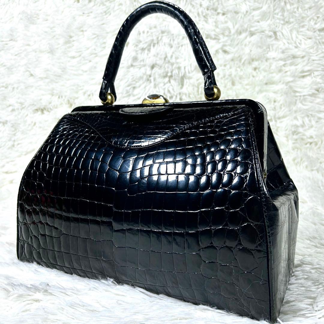 希少✨ シャイニングクロコダイル ダレスバッグ 黒 ゴールド金具 フォーマル