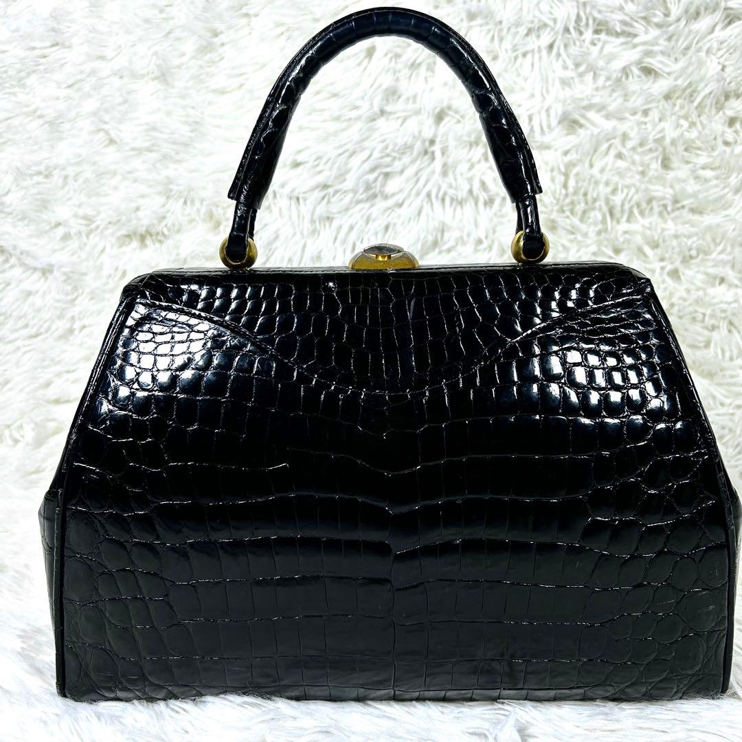 希少✨ シャイニングクロコダイル ダレスバッグ 黒 ゴールド金具 フォーマル