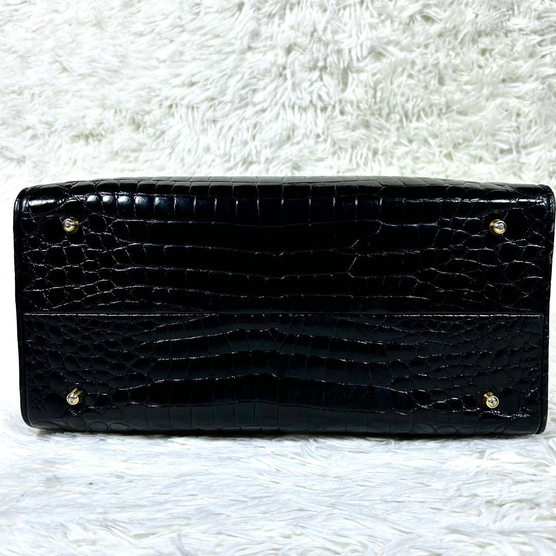 希少✨ シャイニングクロコダイル ダレスバッグ 黒 ゴールド金具 フォーマル