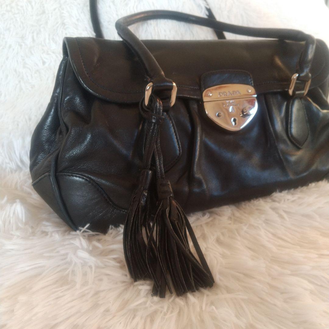 プラダ PRADA ハンドバッグ フリンジ ブラック レザー黒Y2Kヴィンテージ
