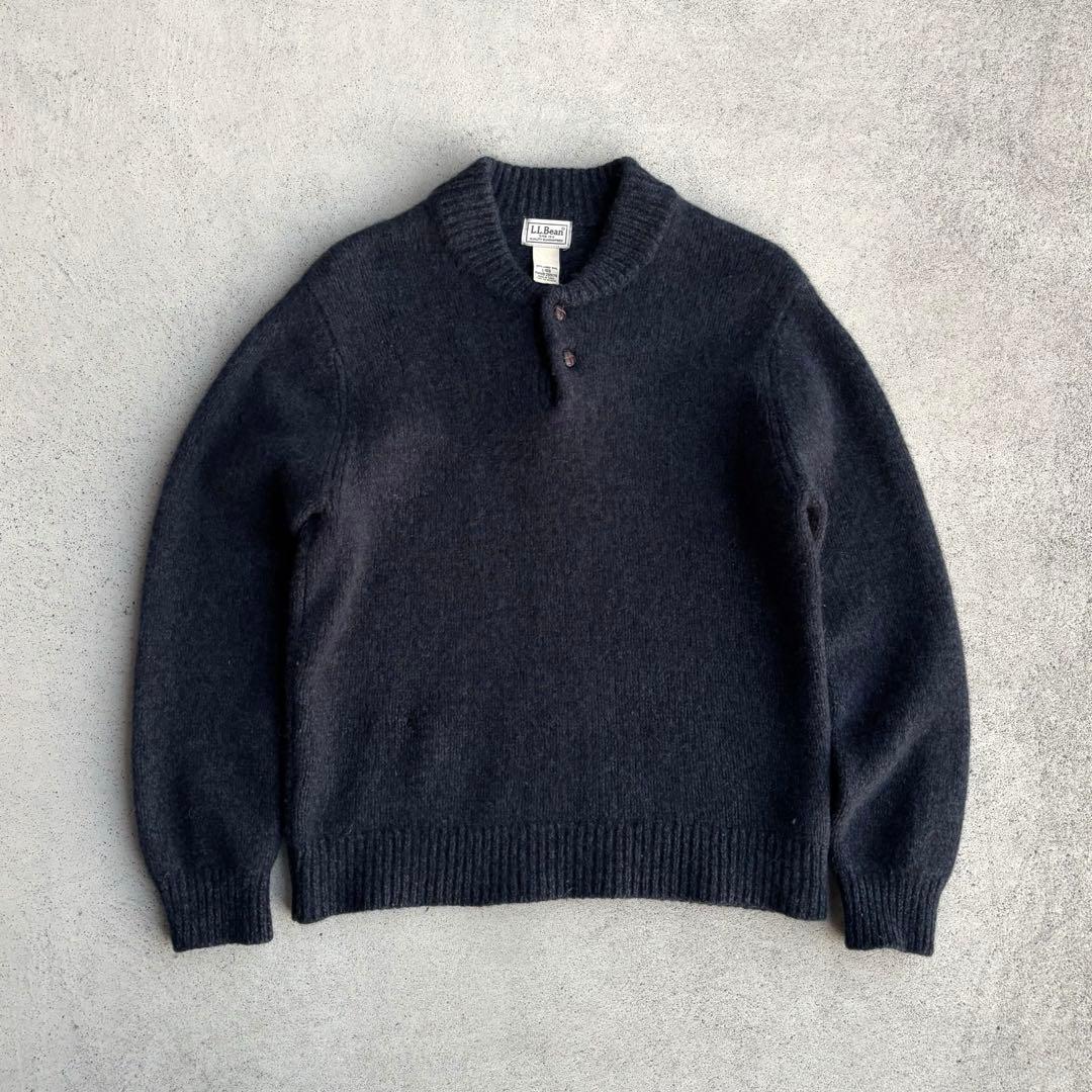 上質 90s 00s エルエルビーン古着 ヘンリーネック ウールニット ネイビー