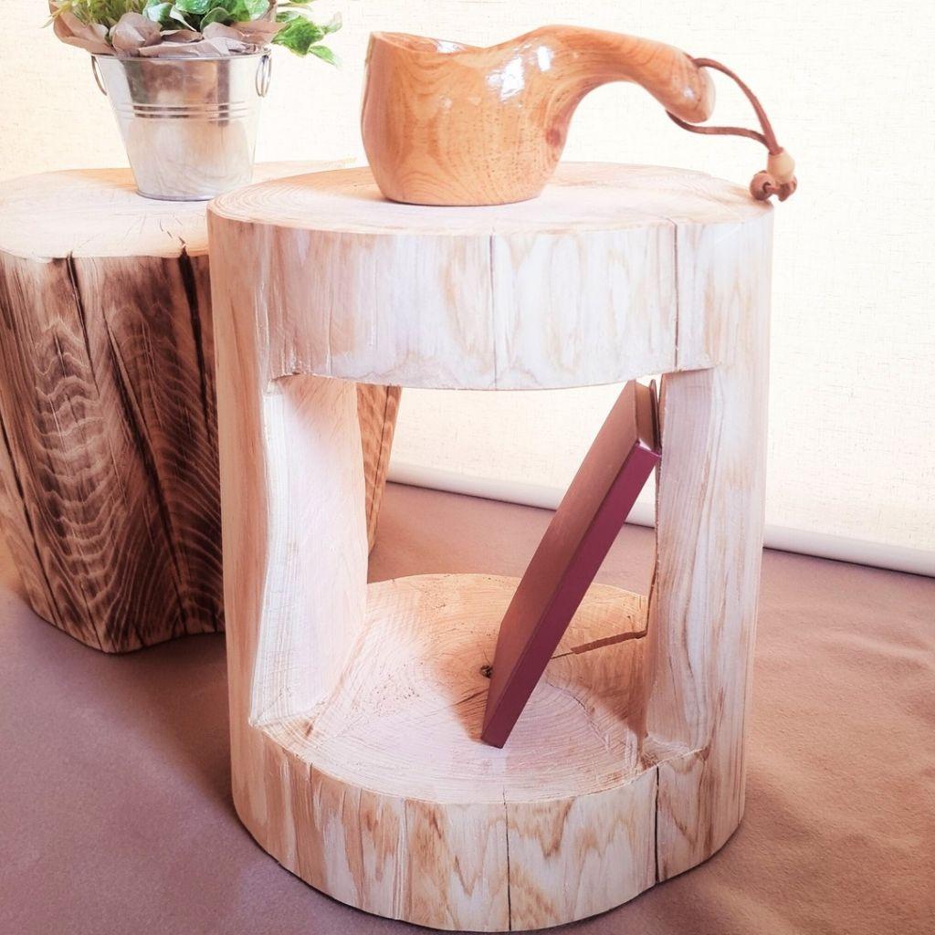 ナチュラルウッドのくり抜きテーブル・スツール 無垢無塗装 オーガニック
