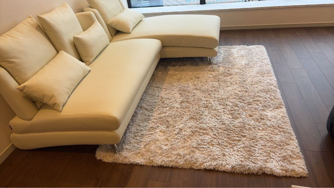 クリーム色 L字型ソファ 5つクッション付き