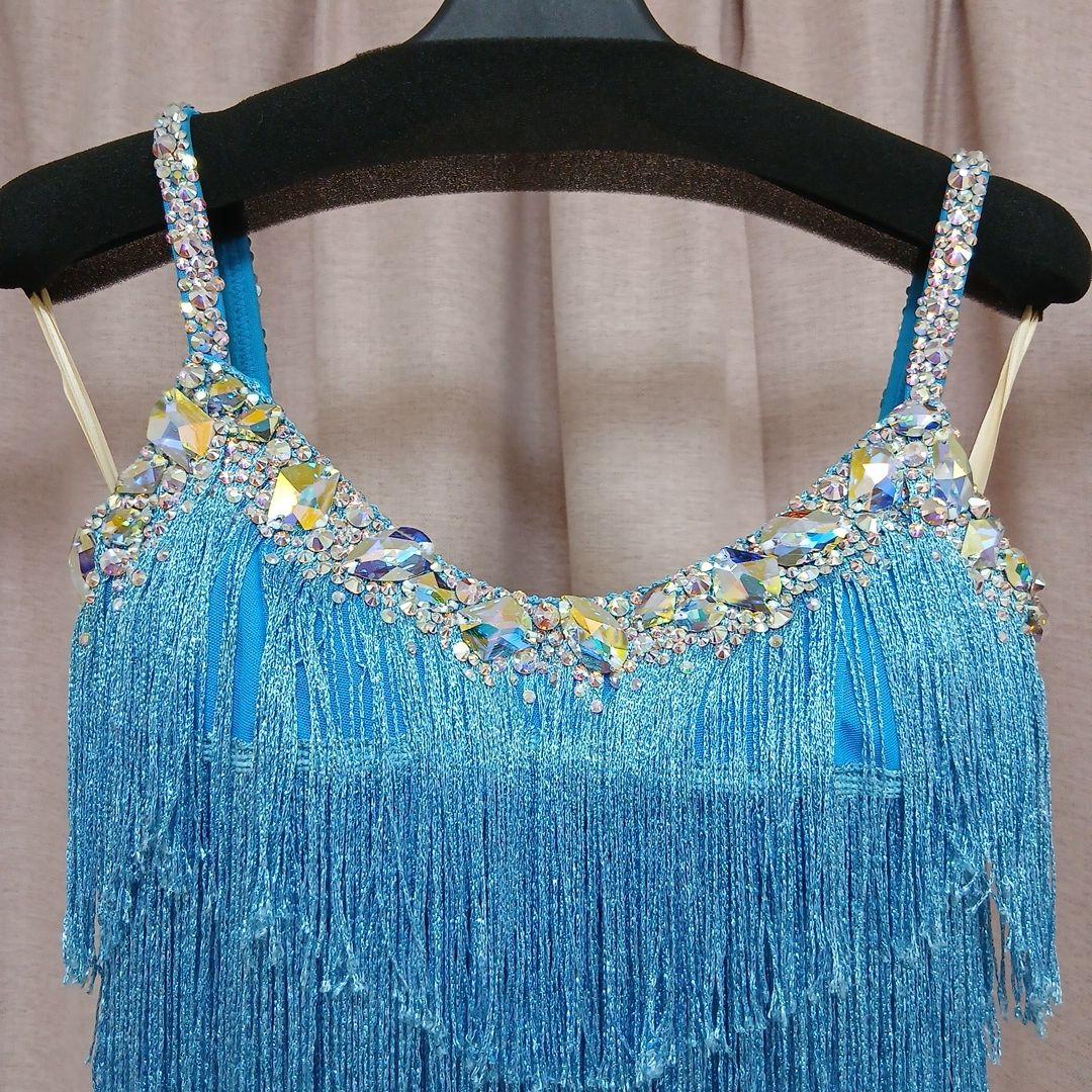 水色フリンジドレス 社交ダンスラテン衣装Mサイズ　手首、ネック付き