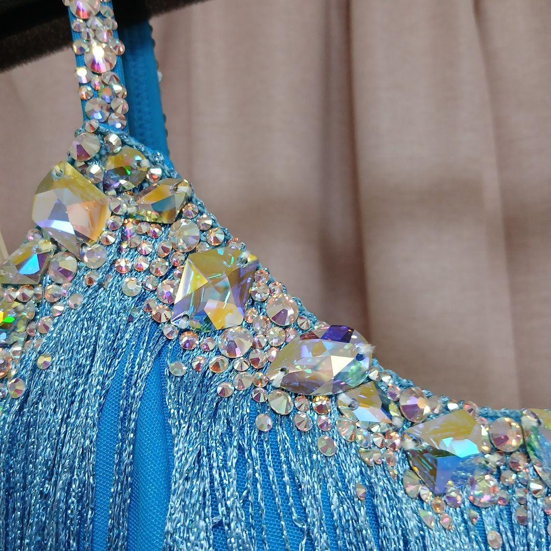 水色フリンジドレス 社交ダンスラテン衣装Mサイズ　手首、ネック付き