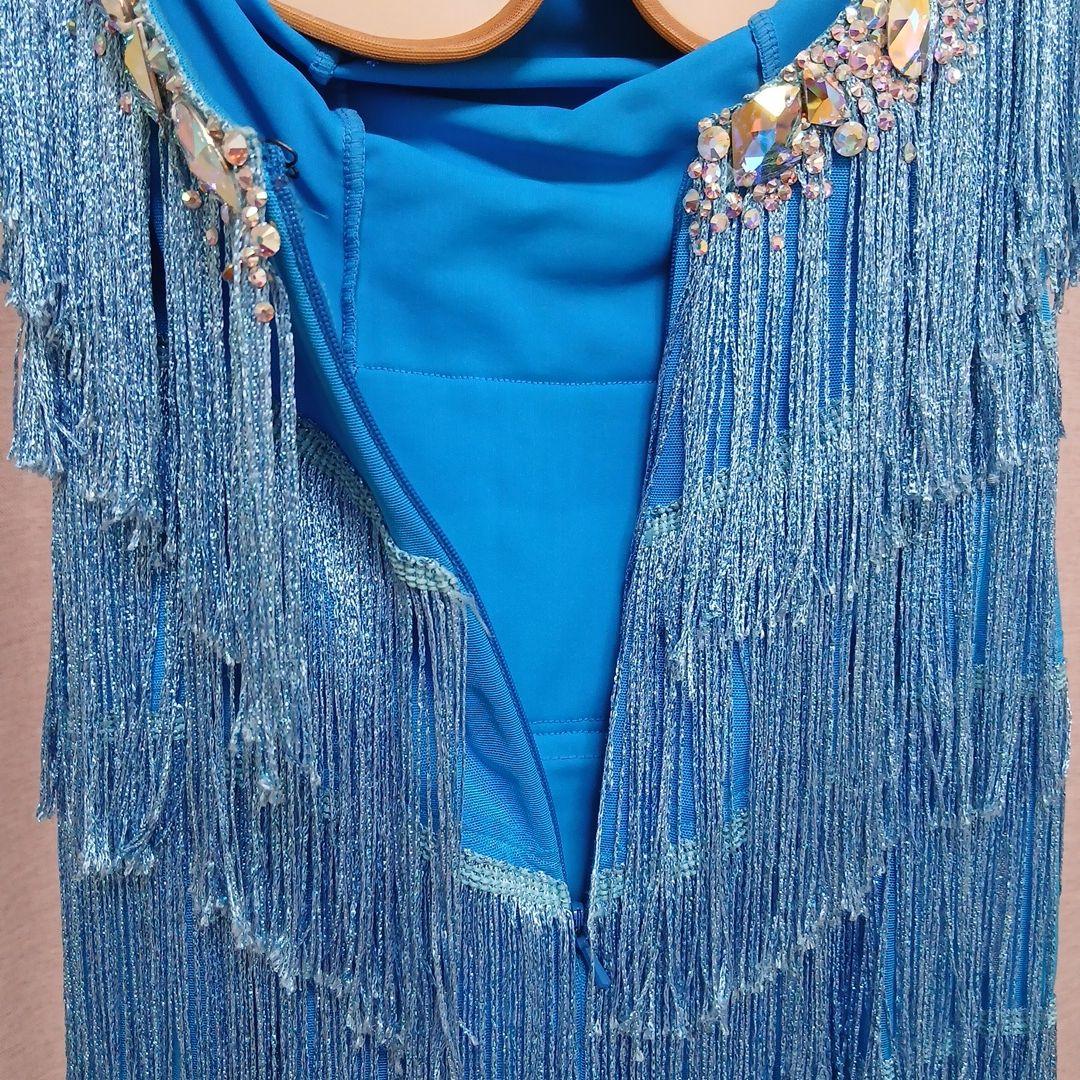 水色フリンジドレス 社交ダンスラテン衣装Mサイズ　手首、ネック付き